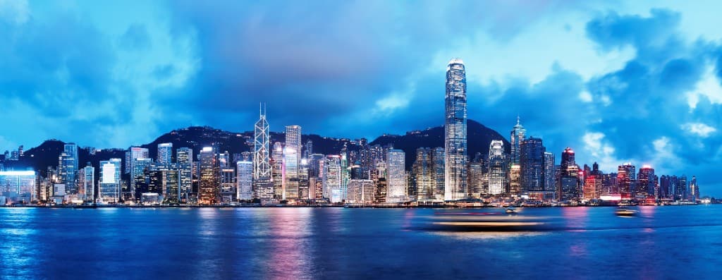 Hong Kong's Central financial district skyline at blue hour